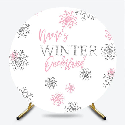 Lofaris Pink Silver Glitter Snowflake Round Backdrop Winter Onederland First Birthday Party Baby Shower Decor
