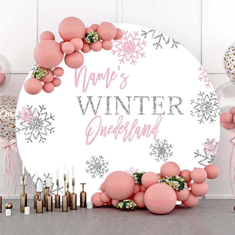 Lofaris Pink Silver Glitter Snowflake Round Backdrop Winter Onederland First Birthday Party Baby Shower Decor