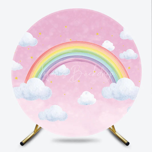 Lofaris Pink Sky Rainbow and Clouds Round Backdrop Dreamy Baby Shower Birthday Party Decor