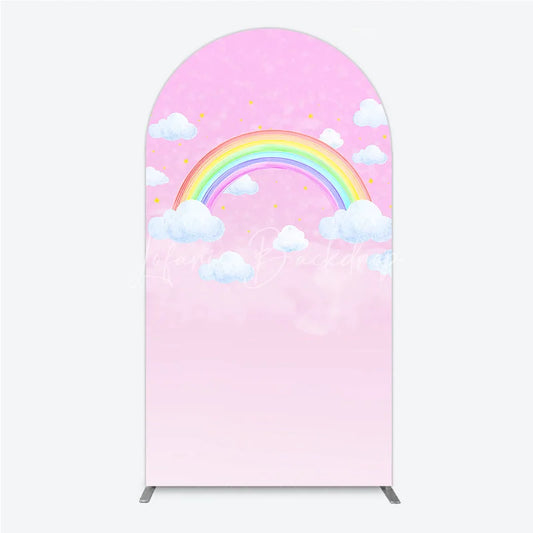 Lofaris Pink Sky Rainbow and Clouds Round Top Arch Backdrop Dreamy Baby Shower Birthday Party Decor