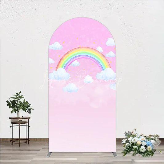 Lofaris Pink Sky Rainbow and Clouds Round Top Arch Backdrop Dreamy Baby Shower Birthday Party Decor