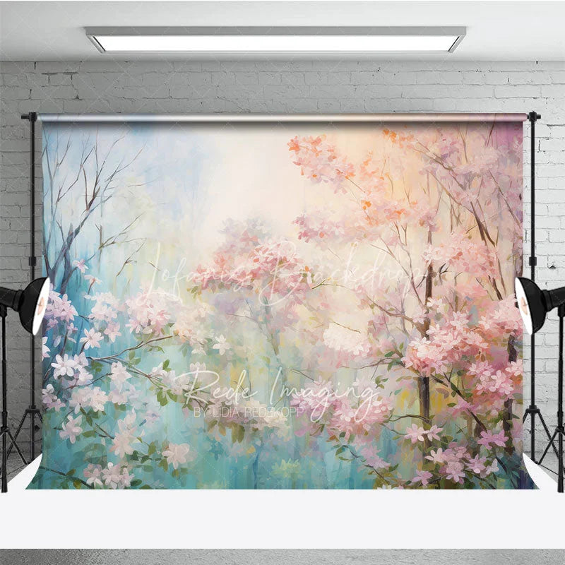 Lofaris Pink Spring Blossom Floral Backdrop Dreamy Forest Flower Tree Oil Painting Background Nature Photography Prop