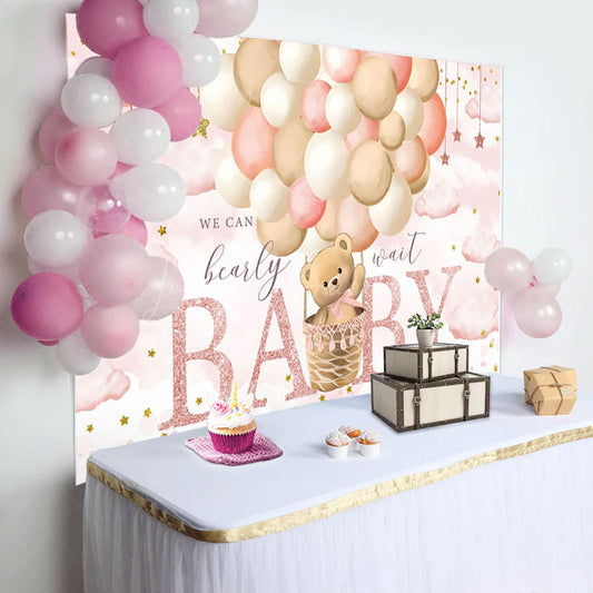 Lofaris Pink Starry Night Balloons Bear Baby Shower Backdrop