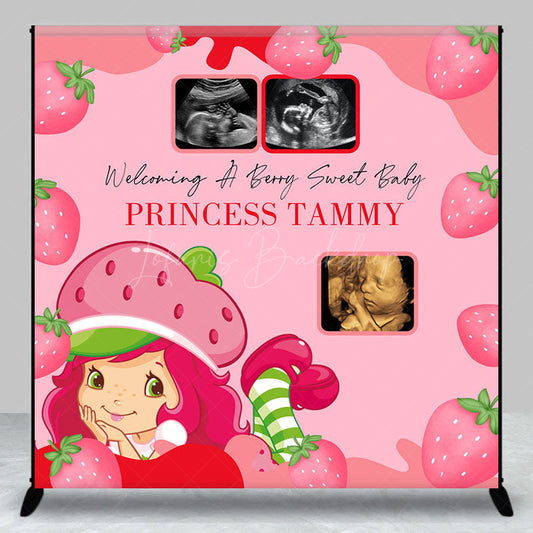 Lofaris Pink Strawberry Custom Name Photo Baby Shower Backdrop