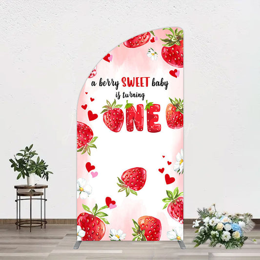 Lofaris Pink Sweet Berry Happy Firsty Birthday Half Moon Arch Backdrop