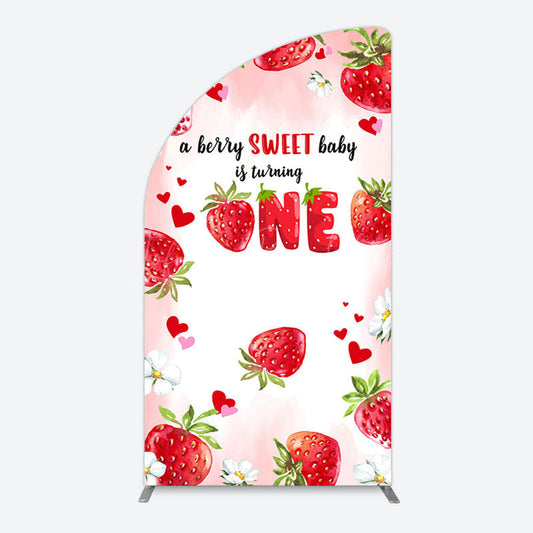 Lofaris Pink Sweet Berry Happy Firsty Birthday Half Moon Arch Backdrop