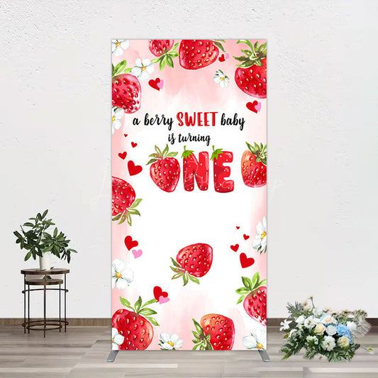 Lofaris Pink Sweet Berry Happy Firsty Birthday Rectangle Backdrop