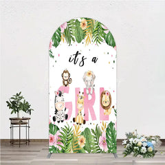 Lofaris Pink Tropical Jungle Animals It’s a Girl Arch Backdrop Kit Safari Elephant Giraffe Zebra Lion for Baby Shower Party