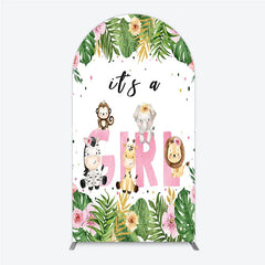 Lofaris Pink Tropical Jungle Animals It’s a Girl Arch Backdrop Kit Safari Elephant Giraffe Zebra Lion for Baby Shower Party