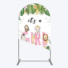 Lofaris Pink Tropical Jungle Animals It’s a Girl Arch Backdrop Kit Safari Elephant Giraffe Zebra Lion for Baby Shower Party