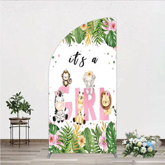 Lofaris Pink Tropical Jungle Animals It’s a Girl Half Moon Arch Backdrop Kit Safari Elephant Giraffe Zebra Lion for Baby Shower Party