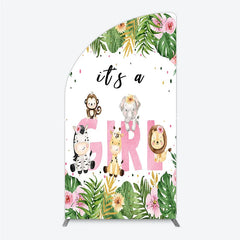 Lofaris Pink Tropical Jungle Animals It’s a Girl Half Moon Arch Backdrop Kit Safari Elephant Giraffe Zebra Lion for Baby Shower Party