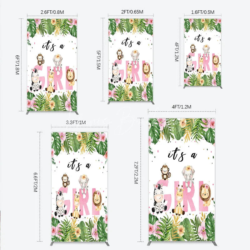 Lofaris Pink Tropical Jungle Animals It’s a Girl Rectangle Backdrop Kit Safari Elephant Giraffe Zebra Lion for Baby Shower Party