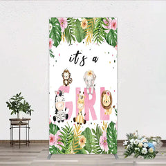 Lofaris Pink Tropical Jungle Animals It’s a Girl Rectangle Backdrop Kit Safari Elephant Giraffe Zebra Lion for Baby Shower Party