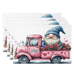 Lofaris Pink Truck Gnome Rose Set of 4 Placemats Love Sign Valentine Decoration Farmhouse Floral Table Mat