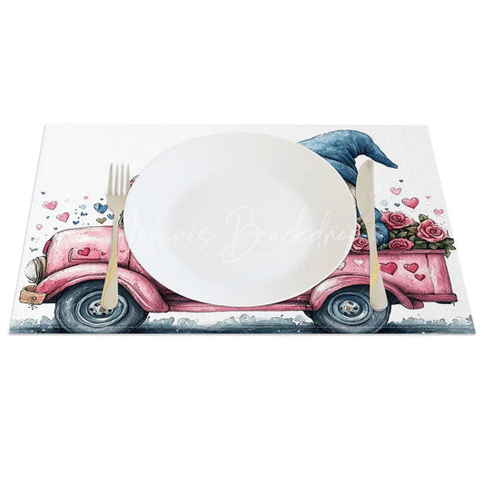 Lofaris Pink Truck Gnome Rose Set of 4 Placemats Love Sign Valentine Decoration Farmhouse Floral Table Mat