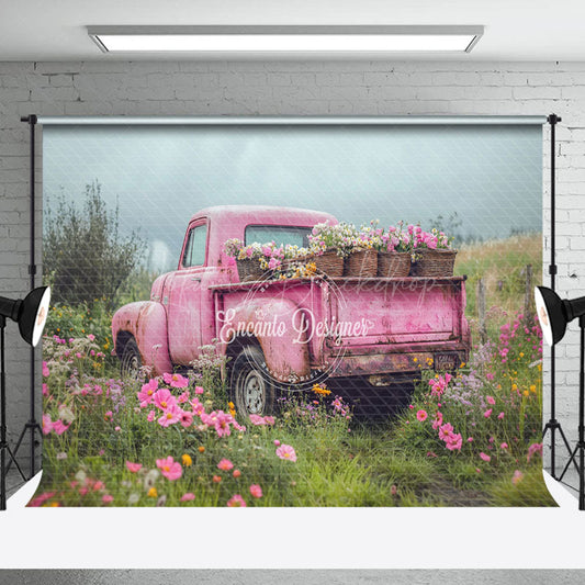 Lofaris Pink Truck Grassland Floral Valentines Day Backdrop