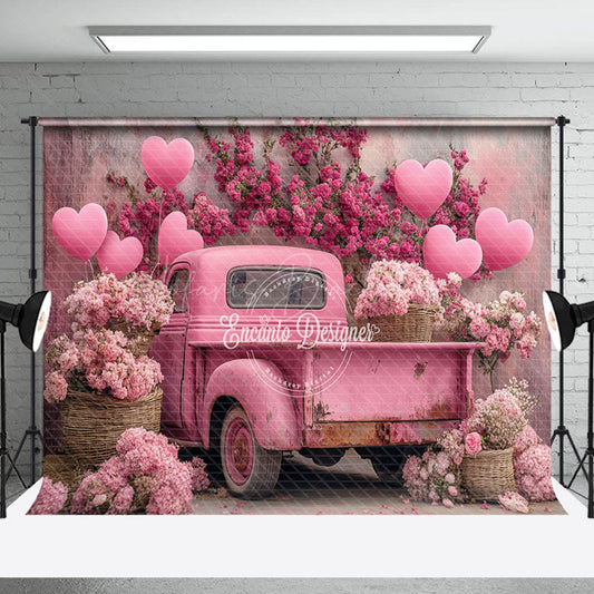 Lofaris Pink Truck Heart Balloons Floral Romantic Backdrop