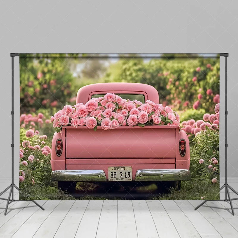Lofaris Pink Truck Valentine’s Day Combo Set Backdrop Spring Floral Garden Rose Grass Floor Photography Prop