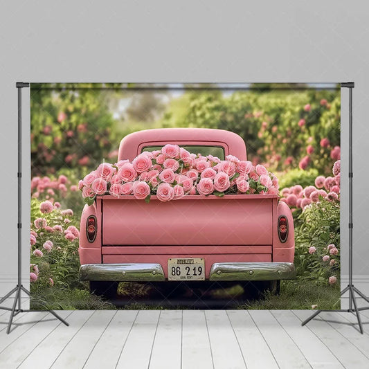 Lofaris Pink Truck Valentine’s Day Combo Set Backdrop Spring Floral Garden Rose Grass Floor Photography Prop