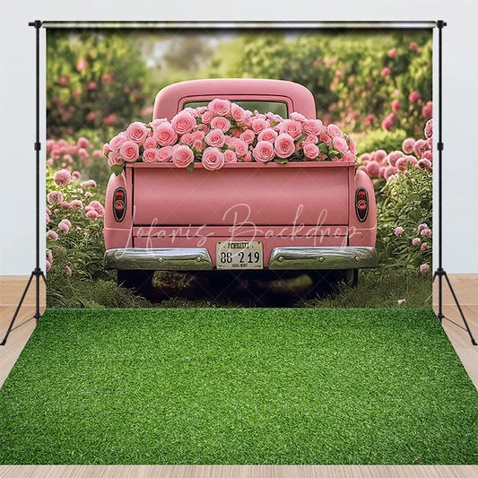 Lofaris Pink Truck Valentine’s Day Combo Set Backdrop Spring Floral Garden Rose Grass Floor Photography Prop