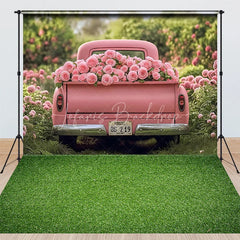 Lofaris Pink Truck Valentine’s Day Combo Set Backdrop Spring Floral Garden Rose Grass Floor Photography Prop