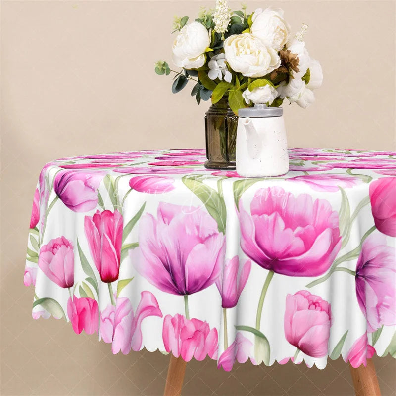 Lofaris Pink Tulip Floral Round Tablecloth Watercolor Spring Flower Garden Table Cover for Easter