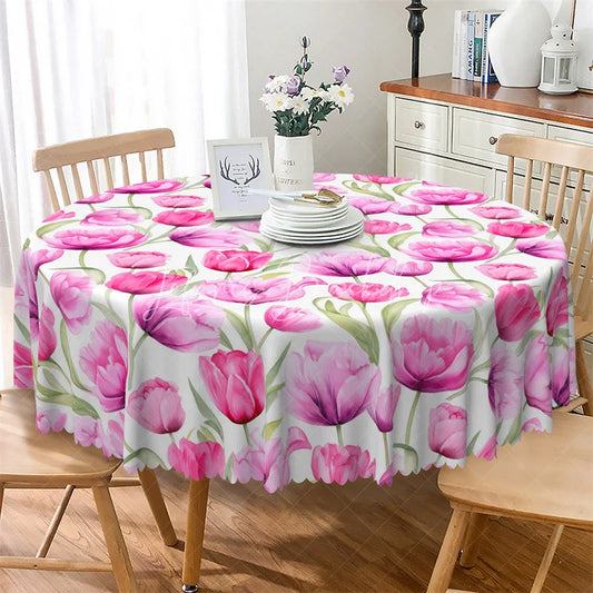 Lofaris Pink Tulip Floral Round Tablecloth Watercolor Spring Flower Garden Table Cover for Easter