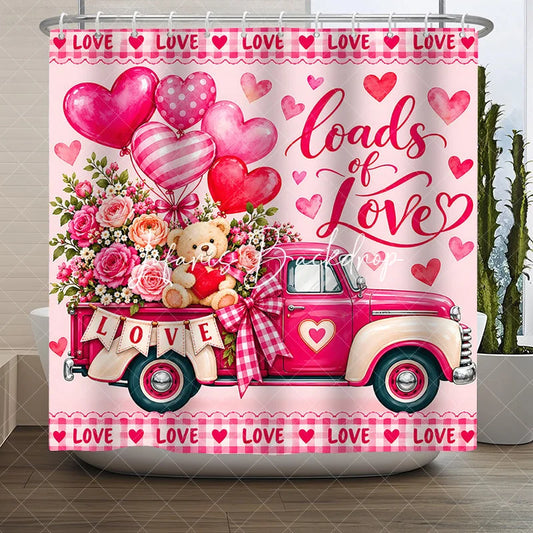 Lofaris Pink Vintage Truck with Roses and Teddy Bear Shower Curtain Heart Balloons Valentine’s Day Loads of Love Decor