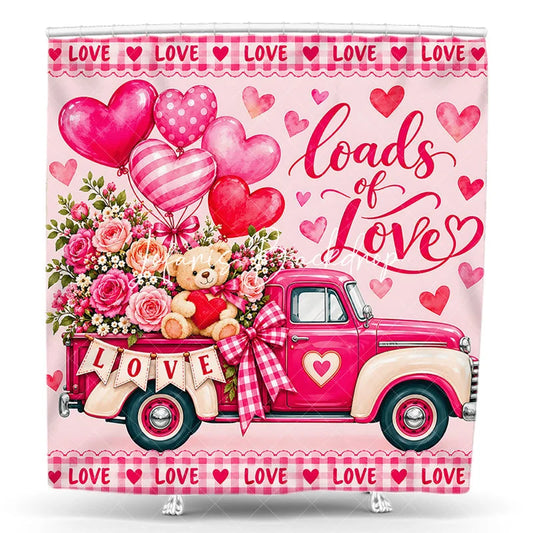 Lofaris Pink Vintage Truck with Roses and Teddy Bear Shower Curtain Heart Balloons Valentine’s Day Loads of Love Decor
