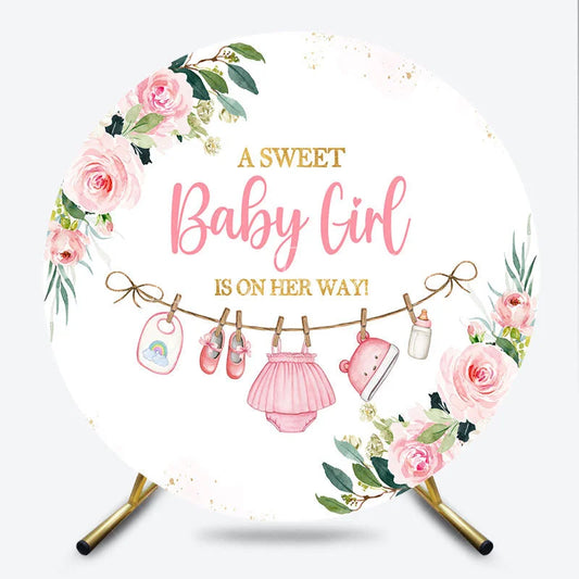 Lofaris Pink Watercolor Floral Baby Girl Round Backdrop A Sweet Is On Her Way Clothesline Decor for Shower