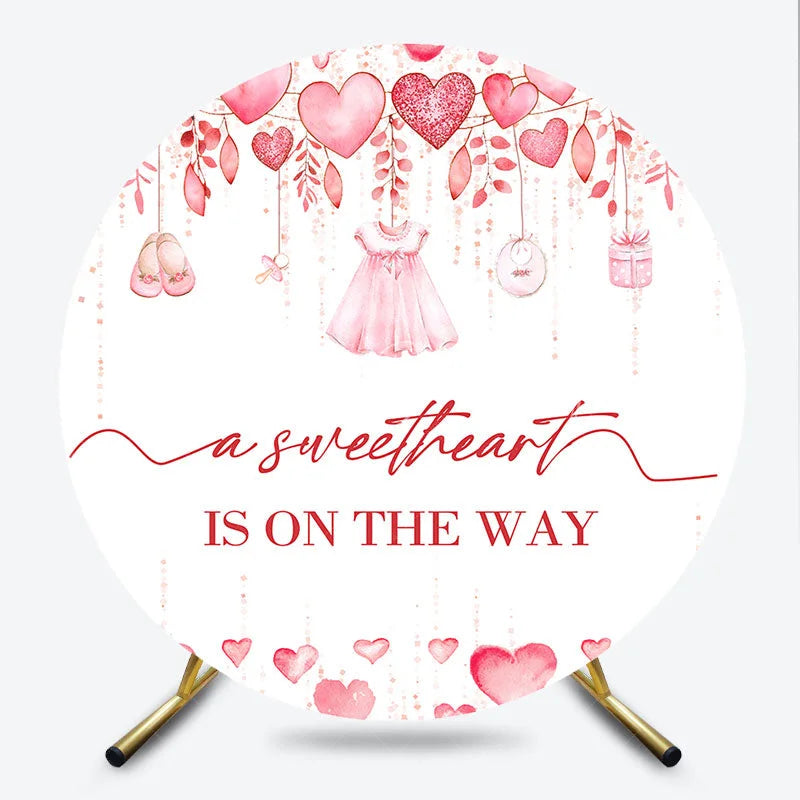 Lofaris Pink Watercolor Hearts Round Backdrop Sweetheart is on the Way Baby Shower Background Girl Circle Cover Photo Shoot Prop