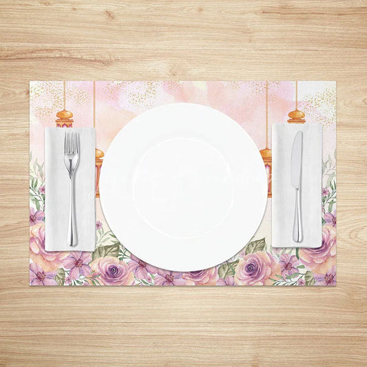 Lofaris Pink Watercolor Ramadan Moon Set of 4 Placemats Purple Rose Floral Eid Mubarak Table Mats for Dining Room