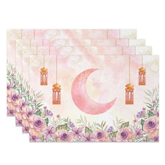 Lofaris Pink Watercolor Ramadan Moon Set of 4 Placemats Purple Rose Floral Eid Mubarak Table Mats for Dining Room