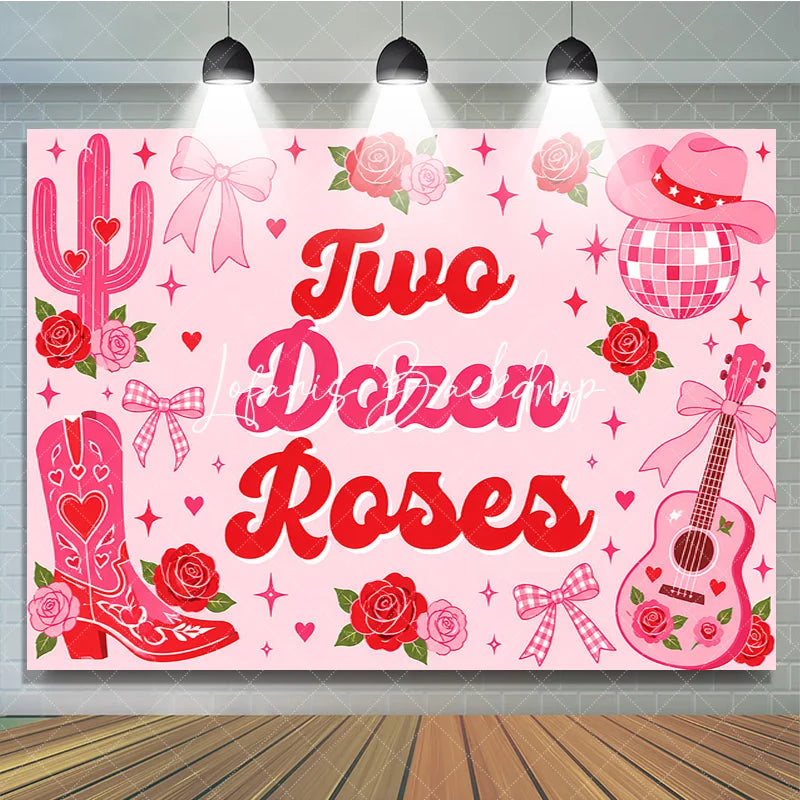 Lofaris Pink Western Country Two Dozen Roses Birthday Backdrop featuring Cowboy Hat Disco Ball and Guitar