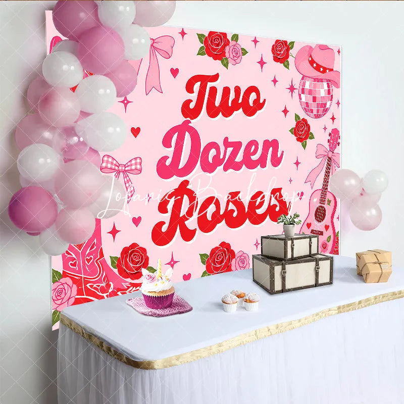 Lofaris Pink Western Country Two Dozen Roses Birthday Backdrop featuring Cowboy Hat Disco Ball and Guitar