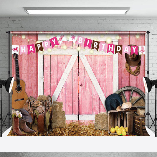 Lofaris Pink Western Cowboy Farm Happy Birthday Backdrop