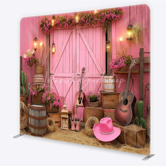 Lofaris Pink Western Cowboy Tension Fabric Backdrop Cowgirl Boots and Guitar Barn Door Party Decorations