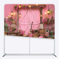 Lofaris Pink Western Cowboy Tension Fabric Backdrop Cowgirl Boots and Guitar Barn Door Party Decorations