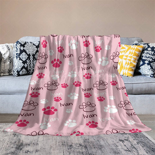 Lofaris Pink White Cute Paw Print Custom Pet Name Blanket
