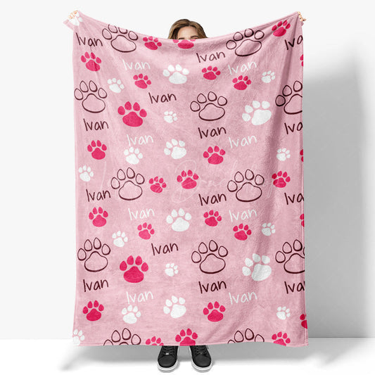 Lofaris Pink White Cute Paw Print Custom Pet Name Blanket