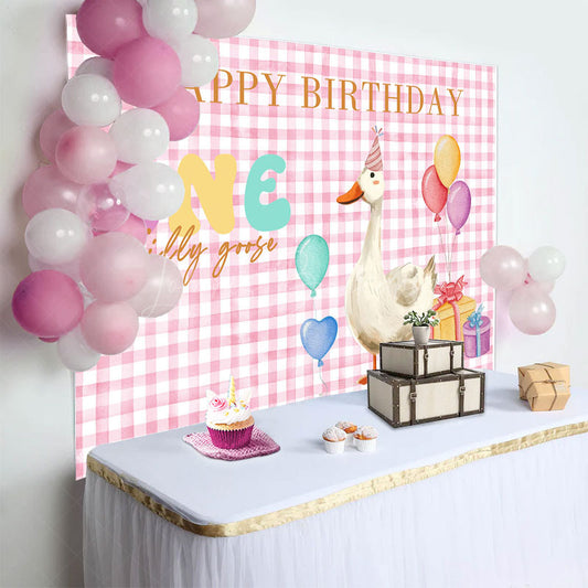 Lofaris Pink White Plaid One Silly Goose Birthday Backdrop