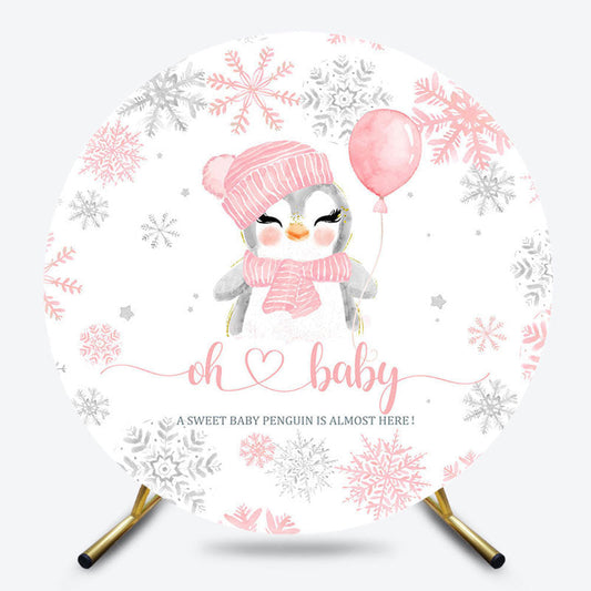Lofaris Pink White Snowy Penguin Round Baby Shower Backdrop