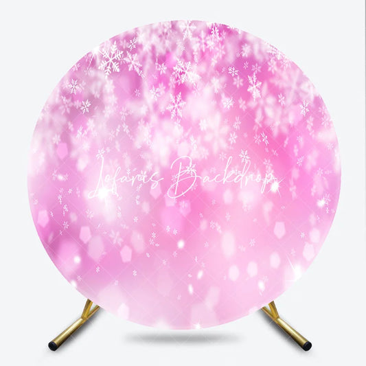 Lofaris Pink Winter Wonderland Round Backdrop with White Snowflakes and Sparkling Bokeh Festive Celebration Decor