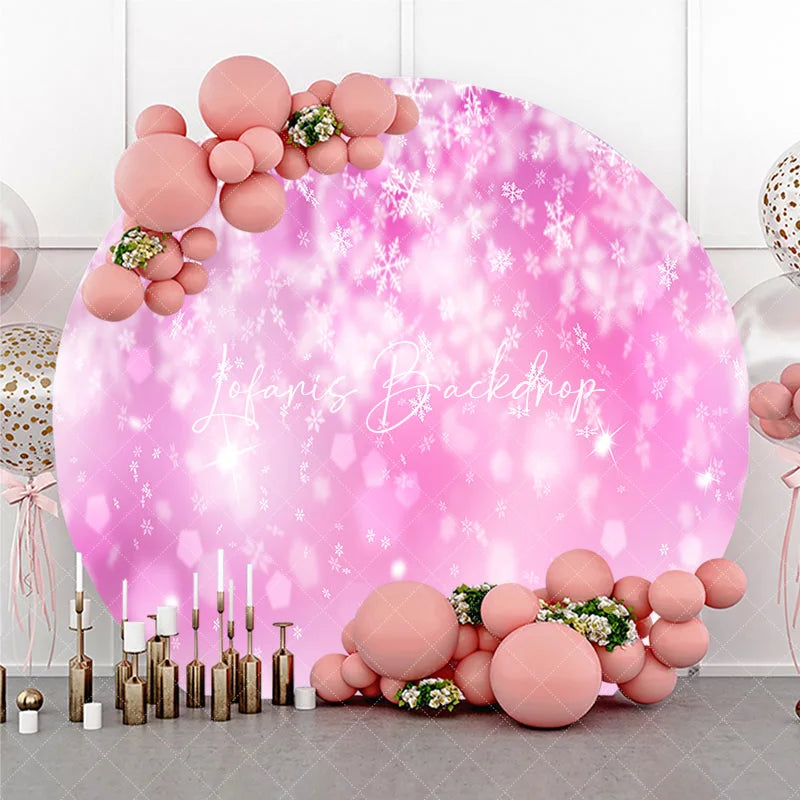 Lofaris Pink Winter Wonderland Round Backdrop with White Snowflakes and Sparkling Bokeh Festive Celebration Decor