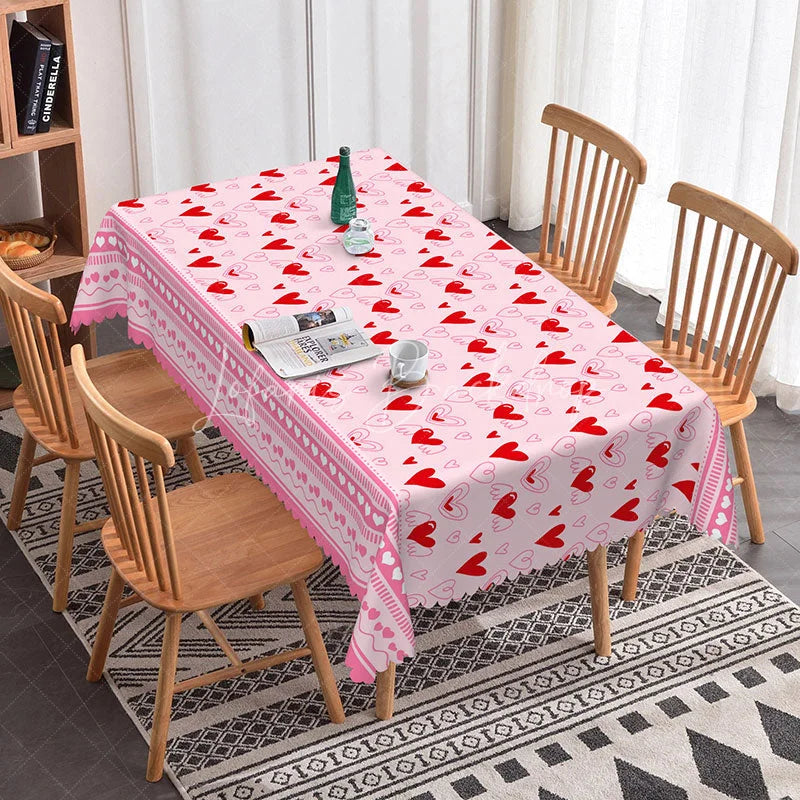Lofaris Pink with Red Sketch Heart Rectangle Tablecloth Romantic Doodle Border Valentine Anniversary Decor