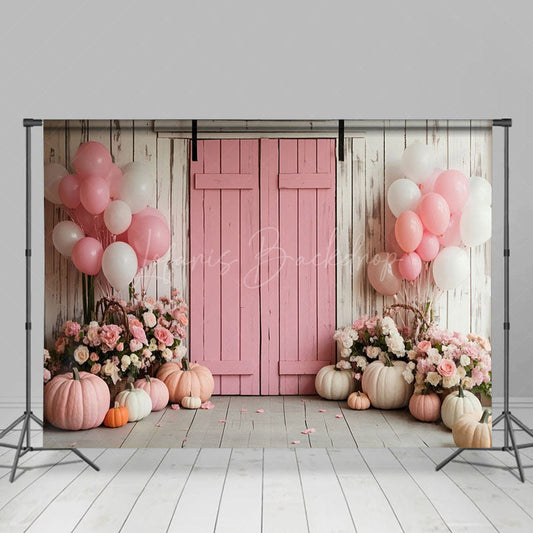 Lofaris Pink Wood Door Balloon Floral Pumpkin Wedding Backdrop