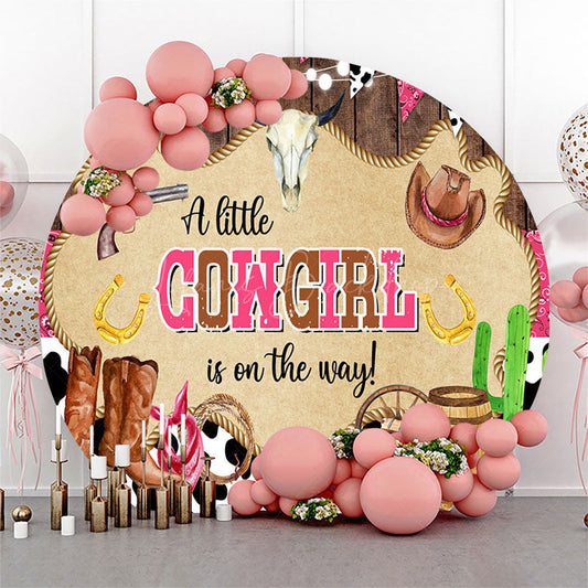 Lofaris Pink Wooden Little Cowgirl Round Baby Shower Backdrop