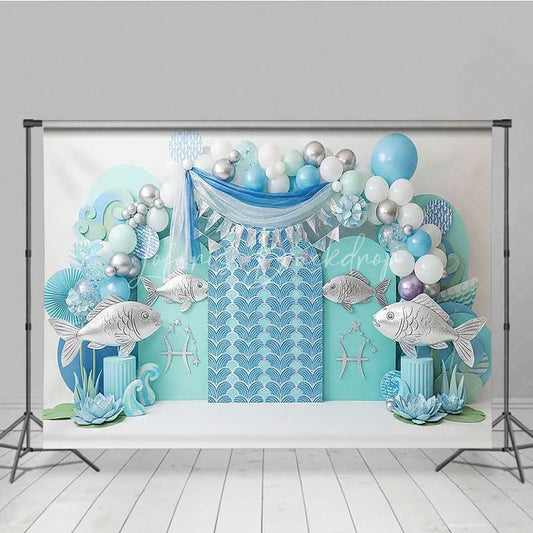 Lofaris Pisces Zodiac Photography Backdrop Silver Fish and Teal Wave Birthday Party Background