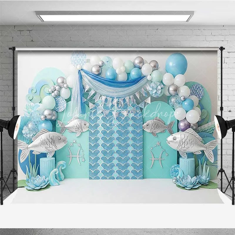 Lofaris Pisces Zodiac Photography Backdrop Silver Fish and Teal Wave Birthday Party Background